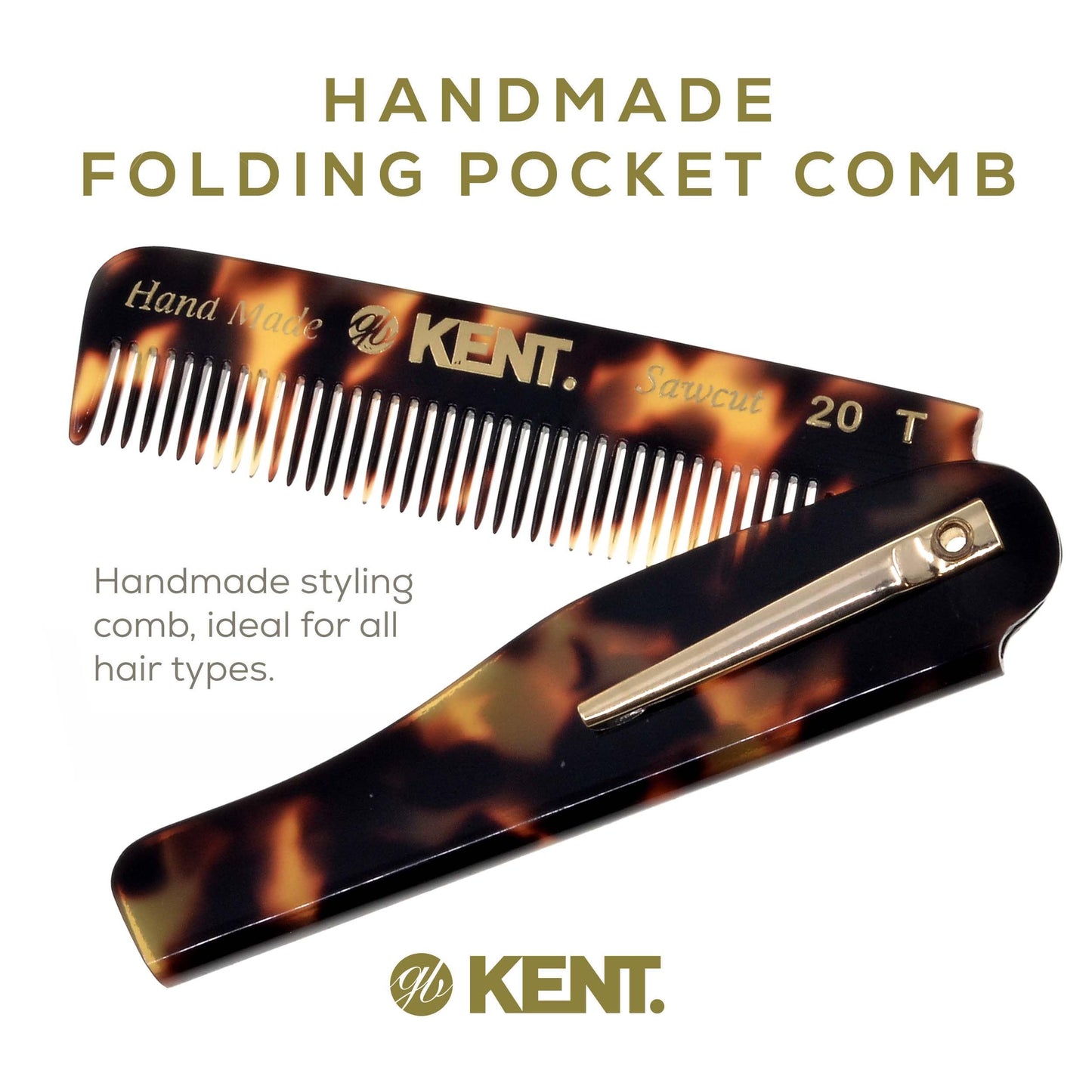 Kent 20T TY Handmade Folding Pocket Comb for Men, Fine Tooth Hair Comb Straightener for Everyday Grooming Styling Hair, Beard or Mustache, Use Dry or with Balms, Saw Cut Hand Polished, Made in England