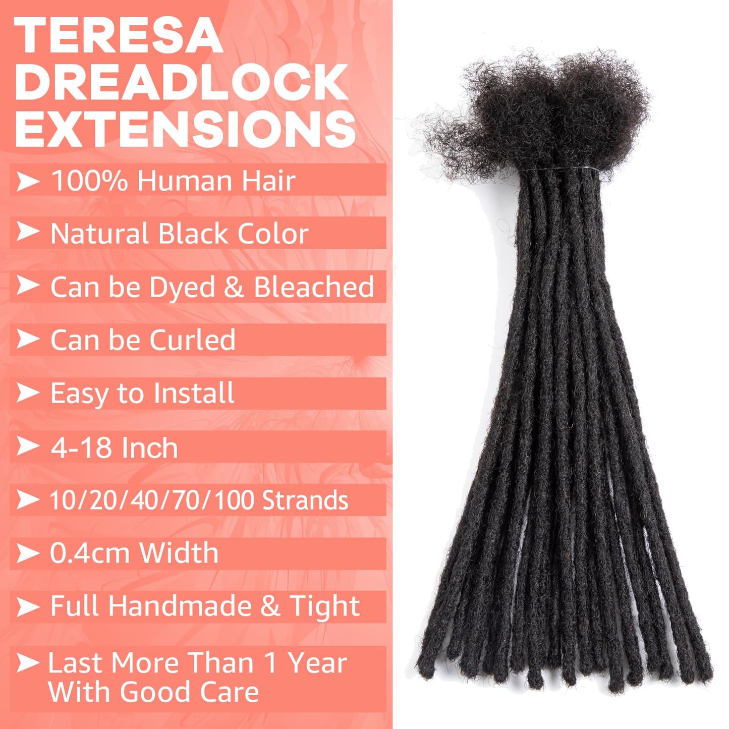 Teresa 10 Inch 0.2cm Width Loc Extension Human Hair Natural Black 30 Strands Full Hand-made Permanent Locs Extensions Can Be Dyed and Bleached for Men/Women/Kids Real Dreadlock Extensions Human Hair