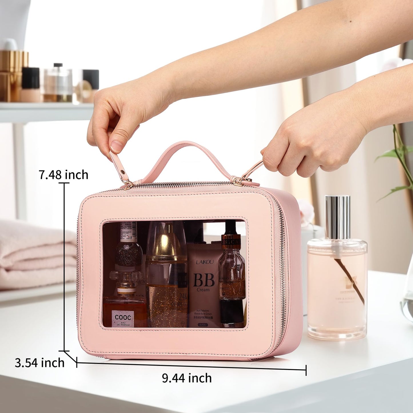 Pinkmik Clear Makeup Bag Travel Case Portable transparent Cosmetic Bag Case Clear Travel Toiletry Makeup Bag for Car with Zipper for Women (Q/Pink, L)