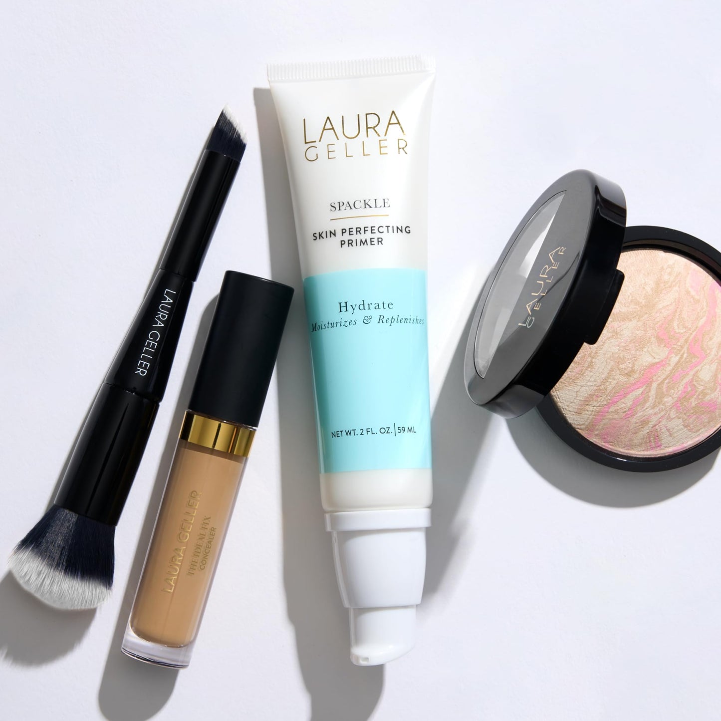 LAURA GELLER NEW YORK Mature Skin Basics Kit - Sand: Baked Balance-n-Brighten Foundation, Ideal Fix Liquid Concealer, Golden Med+Spackle Makeup Primer, Hydrate + Dual-Ended Foundation/Concealer Brush