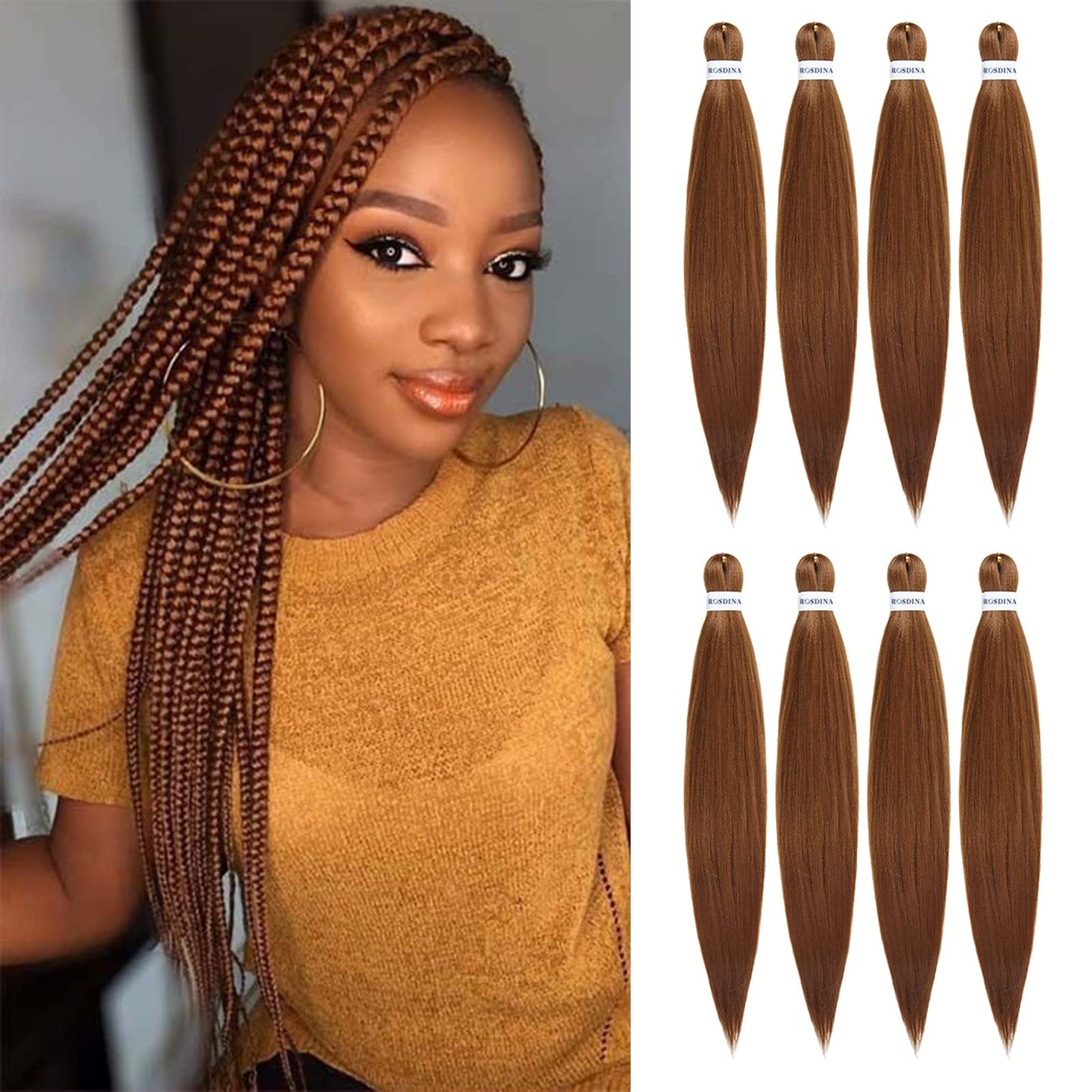 ROSDINA Pre-stretched Braiding Hair - 26 Inch 8 Packs Brown Super Long Braiding Hair For Twist or Box Braids, Yaki Texture Hot Water Setting Synthetic Braiding Hair Extensions (26 Inch, 30-8P)