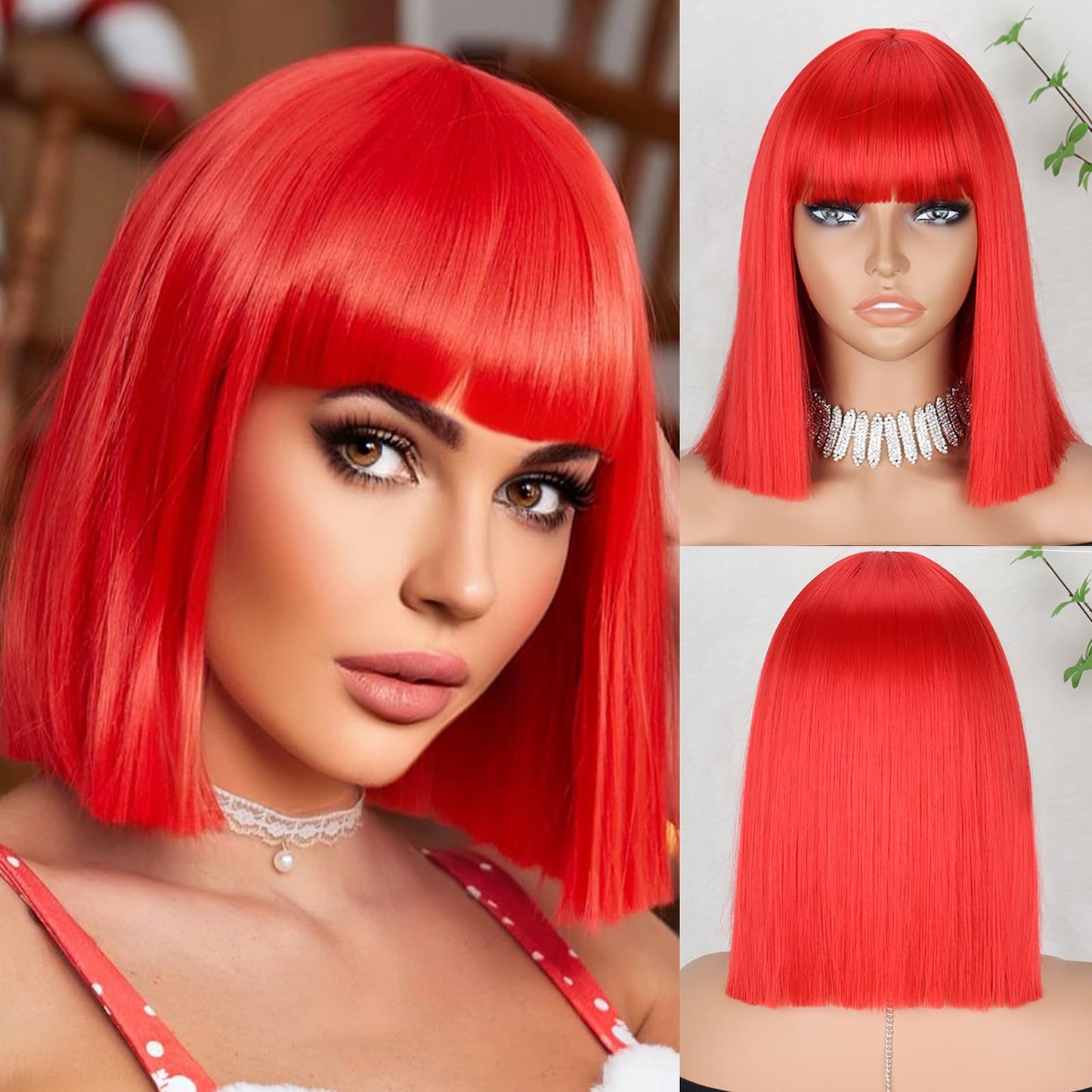 MERISIHAIR Short Red Bob Wig with Bangs Synthetic Straight Red Wigs for Women 11inch Cosplay Party Wig for Daily Use