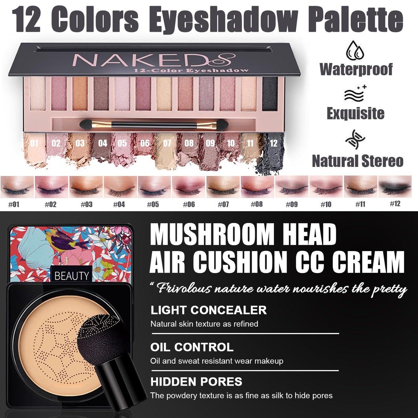 All in One Makeup Kit,Includes Naked Eyeshadow,Liquid Foundation,CC Cream,Lipstick Set,Mascara,Makeup Brush,Makeup Sponge,Eyebrow Powder,Eyebrow Soap,Eyeliner Stamp, Primer,Contour Stick,Cosmetic Bag