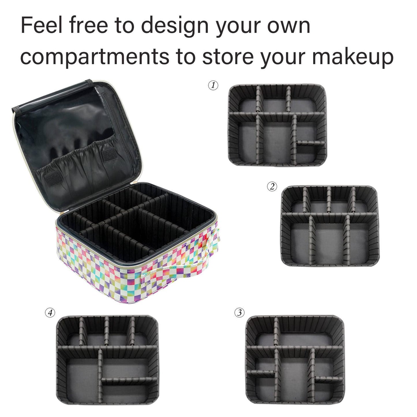 Anbaagsky PU Leather Cosmetic Bag Organizer Waterproof Colorful Checkered Makeup Bag with Adjustable Dividers Travel Makeup Bags