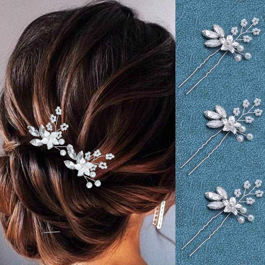 Heread Crystal Bride Wedding Hair Pins Flower Bridal Head Piece Pearl Hair Accessories for Women and Girls (Pack of 3) (B Rose Gold)