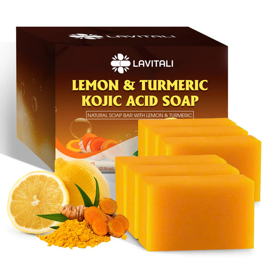 LaVitali Lemon Turmeric Kojic Acid Soap, Natural soap, Handmade, Sugar/Caffeine/Gluten Free, 100% Natural & Pure from Lemon and Turmeric, Deep Cleansing for All Skin Types Body Care Body Wash 6 Bars