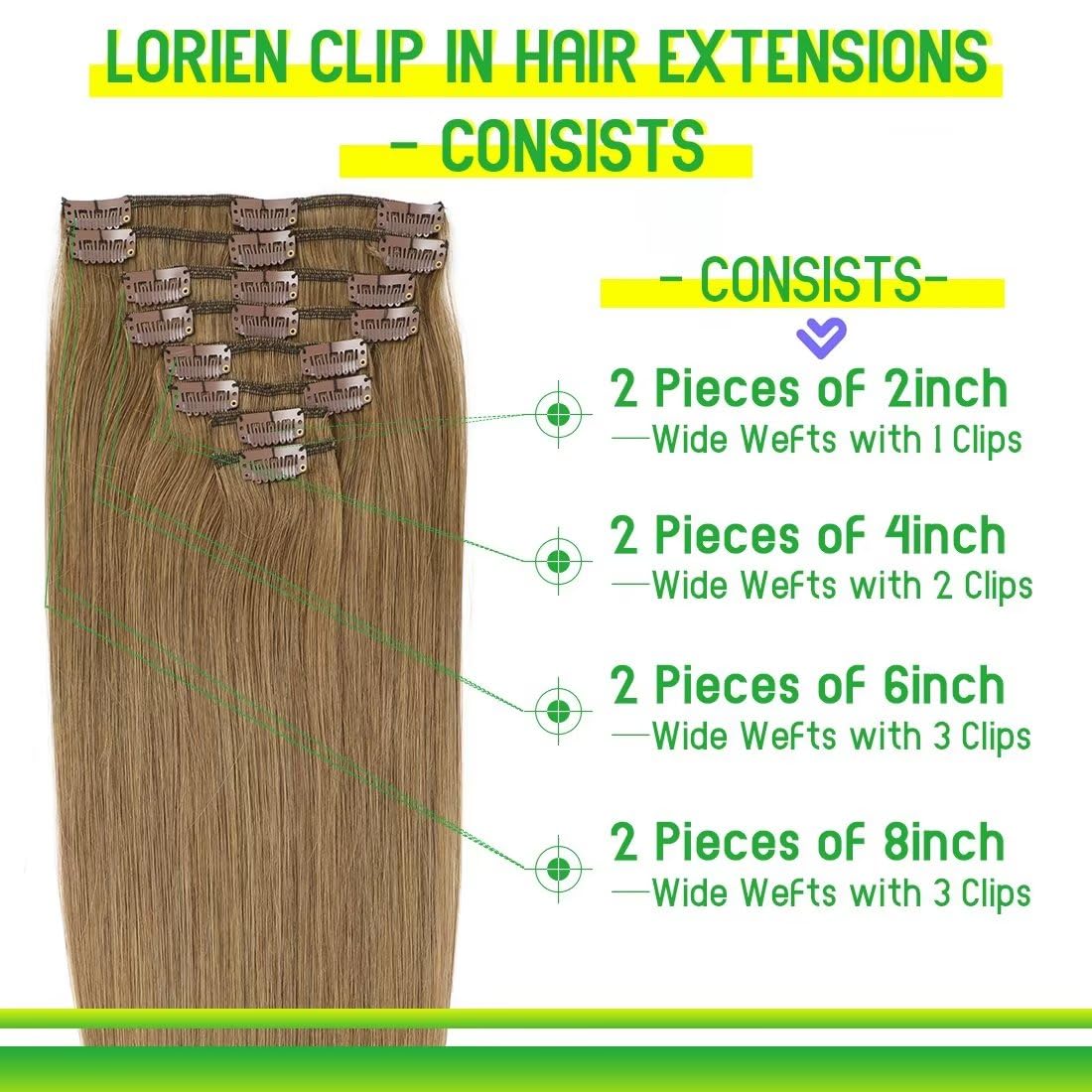 LORIEN Clip in Hair Extensions Real Human Hair 90g Clip in 100% Human Hair Extensions 8pcs Per Set with 18Clips Double Weft (22 Inch, 6 Medium Brown)