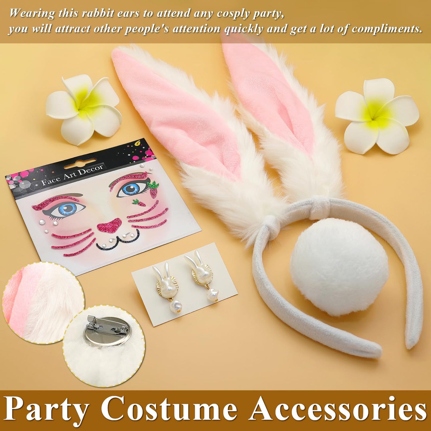 RechicGu 4 Pcs Halloween Bunny Costume Accessories Set Plush Bunny Ears Headbands Bunny Tail Rabbit Headwear Costume Hair Accessories for Women Party Prom Cosplay Easter White Pink