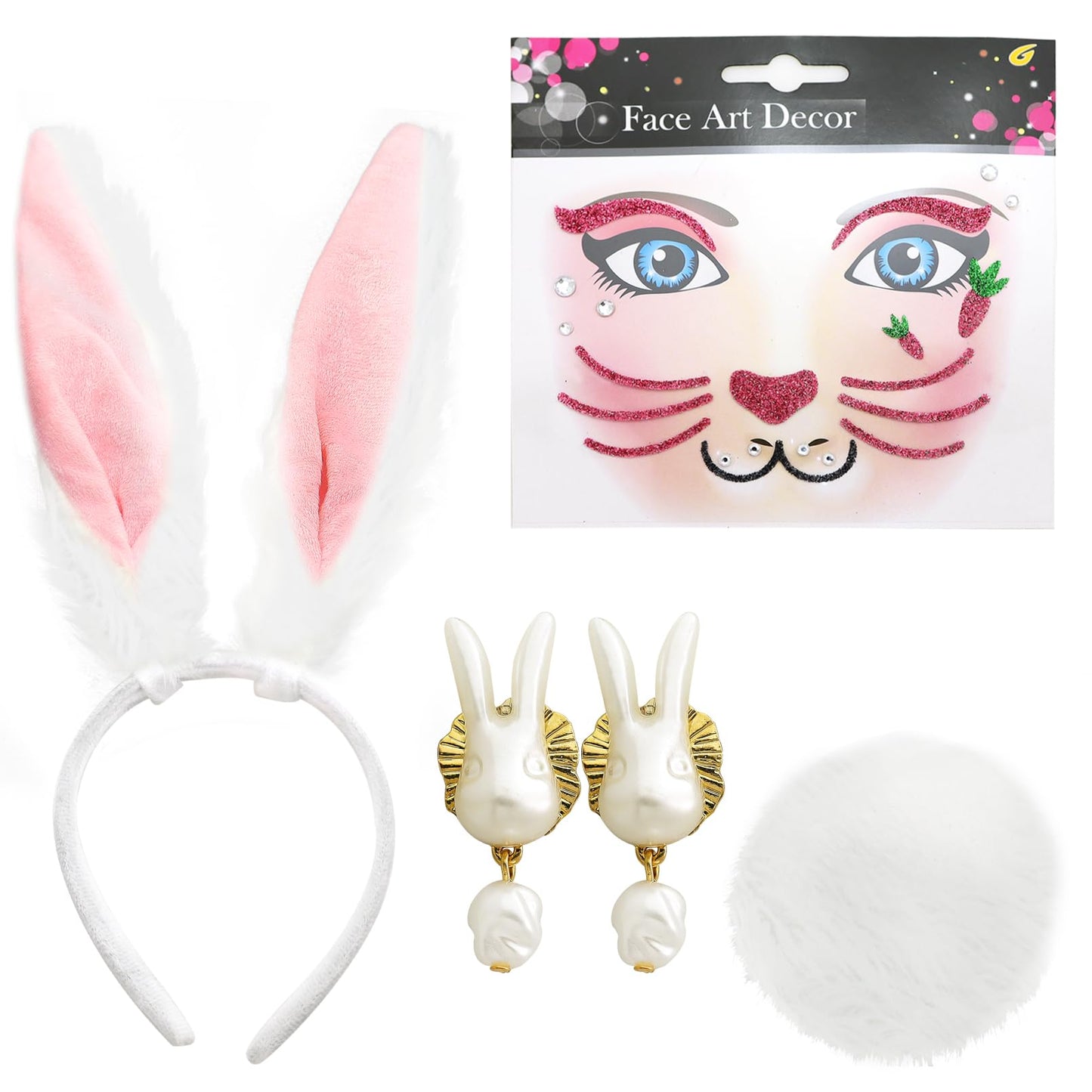 RechicGu 4 Pcs Halloween Bunny Costume Accessories Set Plush Bunny Ears Headbands Bunny Tail Rabbit Headwear Costume Hair Accessories for Women Party Prom Cosplay Easter White Pink