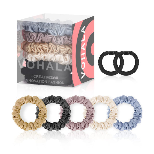 VOHALA 30 Momme Mulberry Small Silk Scrunchies, 5PCS Skinny Silk Scrunchies for Hair & 2PCS Strong Hair Ties Ponytail Holder, Total 7PCS No Damage Luxury Hair Ties for Women (Black+Blue+Pink+Champagne+Beige)