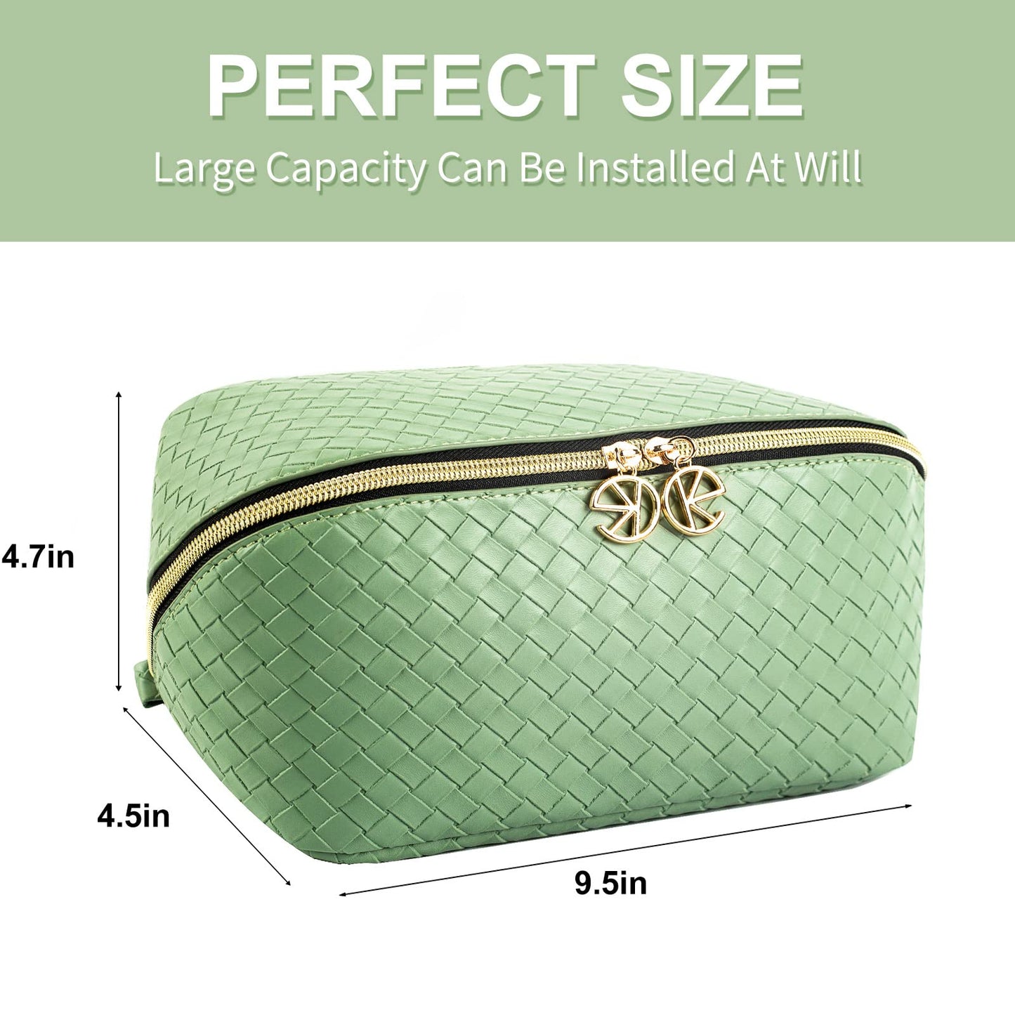 Keke Int'l Fashionable PU leather woven texture waterproof and easy-to-clean cosmetic bag with flat open design, convenient and practical toiletry bag with built-in pockets (Light green)