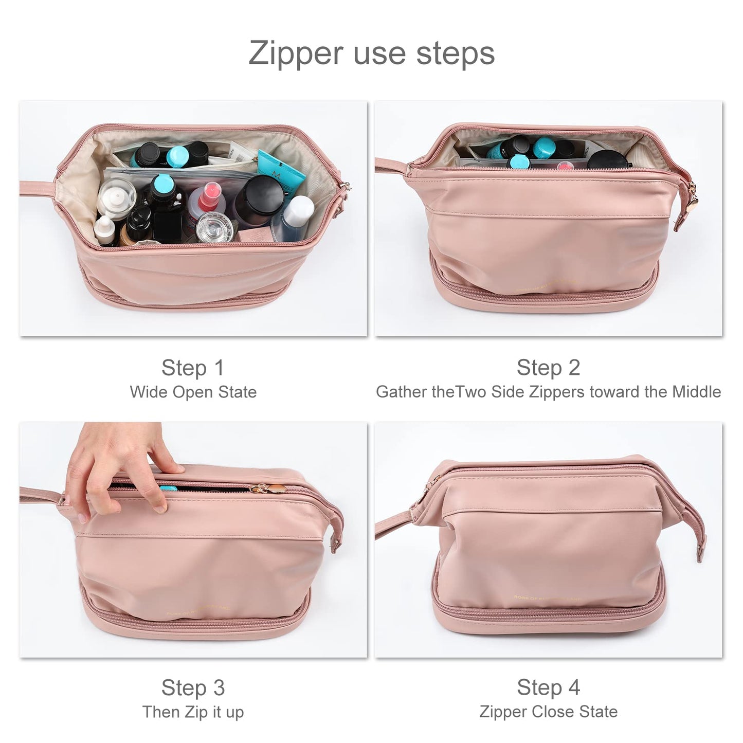 Surblue Leather Makeup Bag Cosmetic Bag Travel Cosmetic Bag for Women Double Layer Toiletry Brush Bags with Handle, Pink