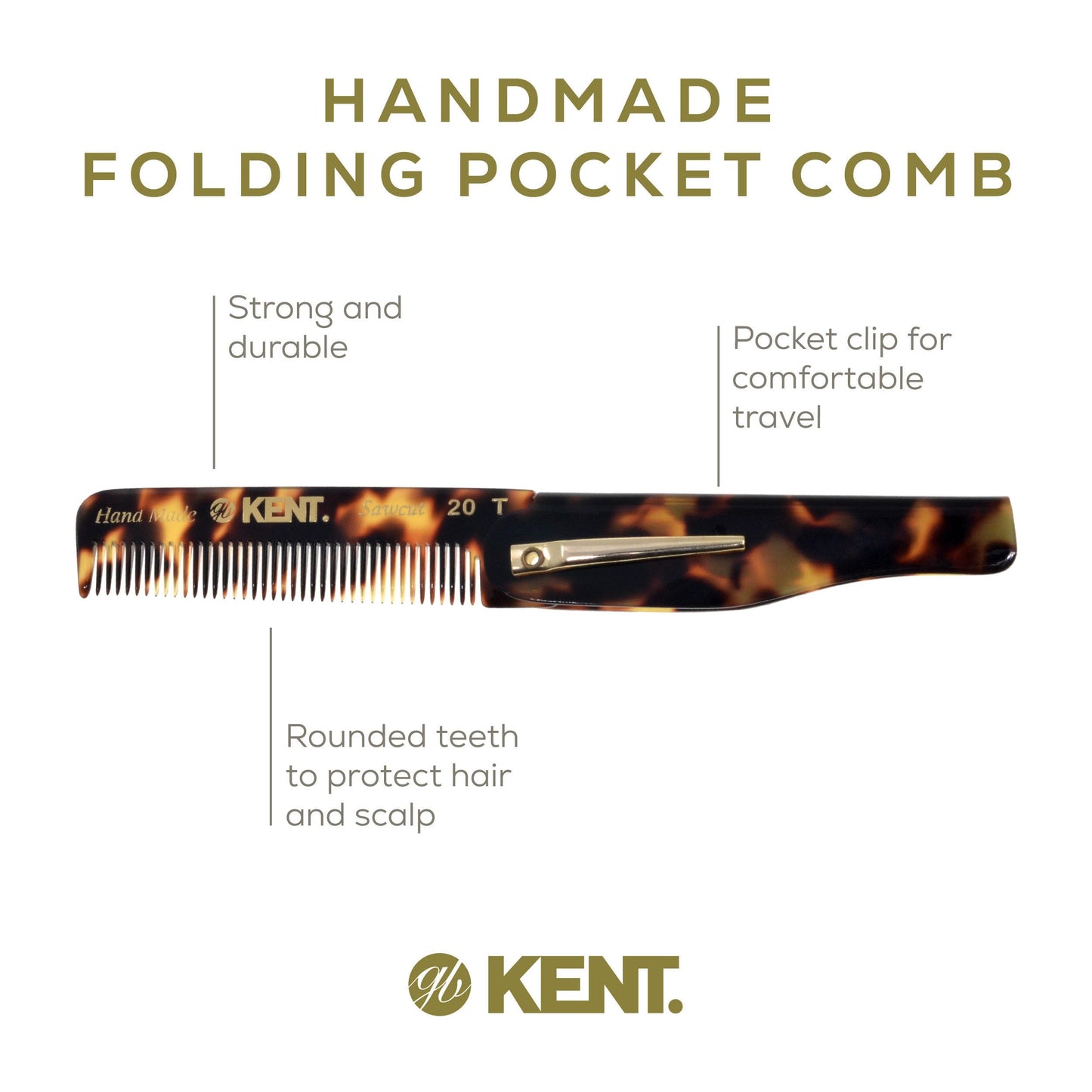 Kent 20T TY Handmade Folding Pocket Comb for Men, Fine Tooth Hair Comb Straightener for Everyday Grooming Styling Hair, Beard or Mustache, Use Dry or with Balms, Saw Cut Hand Polished, Made in England