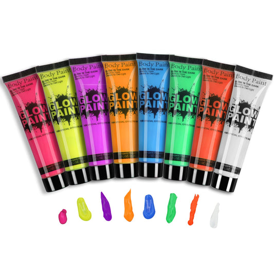 GARYOB Glow in Dark Face Body Paint UV Blacklight Neon Fluorescent, Washable Body Paint (8 colors x 25ml (0.85oz))