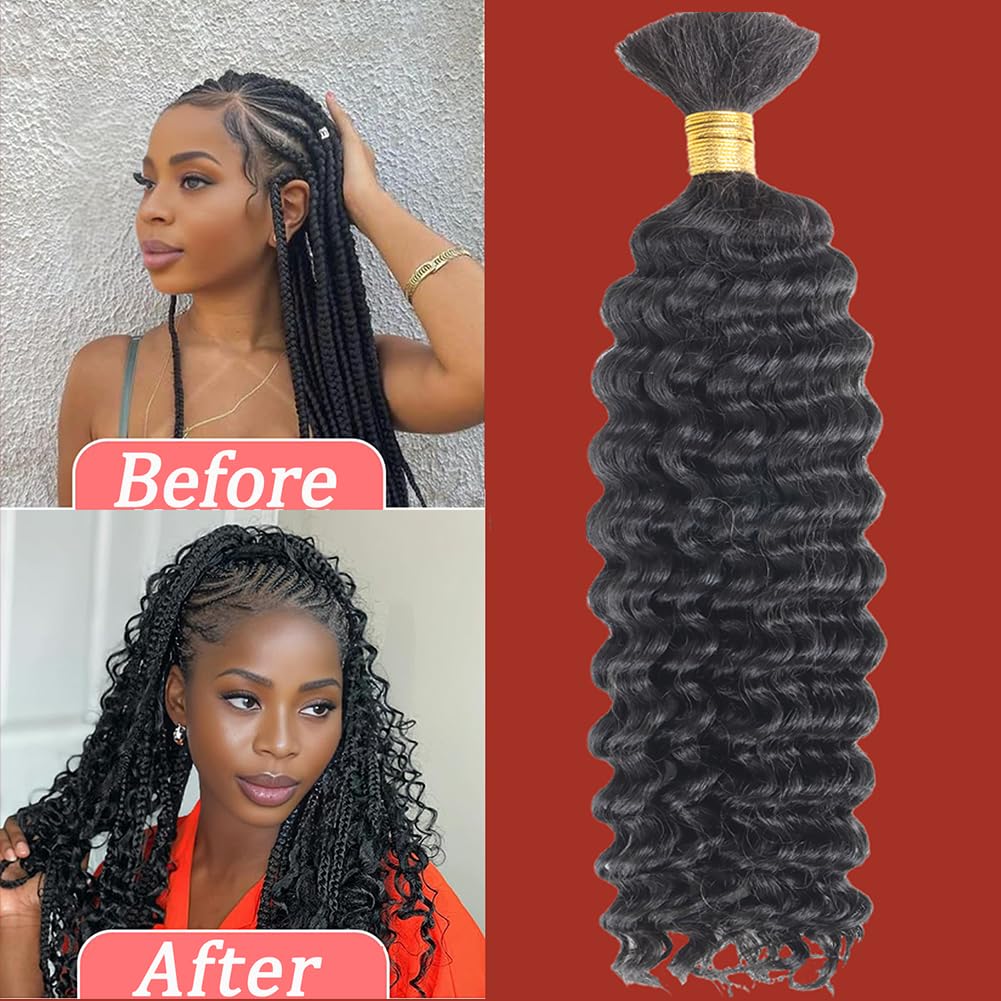 Human Braiding Hair Deep Wave Bulk Human Hair for Braiding 2 Bundles/Pack 100g Wet and Wave Deep Curly Braiding Hair for Boho Braids Bundle Brazilian Virgin Human Hair Extensions Natural Color