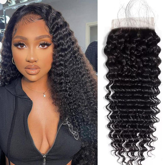 4x4 Deep Wave Lace Closure Human Hair 14 Inch Ear to Ear HD Lace Free Part Closure 100% Brazilian Virgin Human Hair Extensions 150% Density Lace Closure Pre Plucked (14 Inch, Natural Black Color)