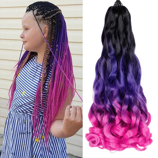 French Curly Braiding Hair 7 Packs 22 Inch Pre Stretched Ombre Braiding Hair Bouncy Loose Wave Crochet Braids for Women Spanish Curly Ends Synthetic Hair Extensions (7 Packs, 1B/Purple/Pink#)