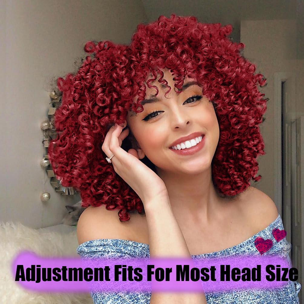 maxknow Curly Wigs for Black Women Fluffy Curly Afro Wig for Women Soft Synthetic Curly Burgundy Wig with Bangs Full Wigs for Women Daily Use (39A Burgundy)