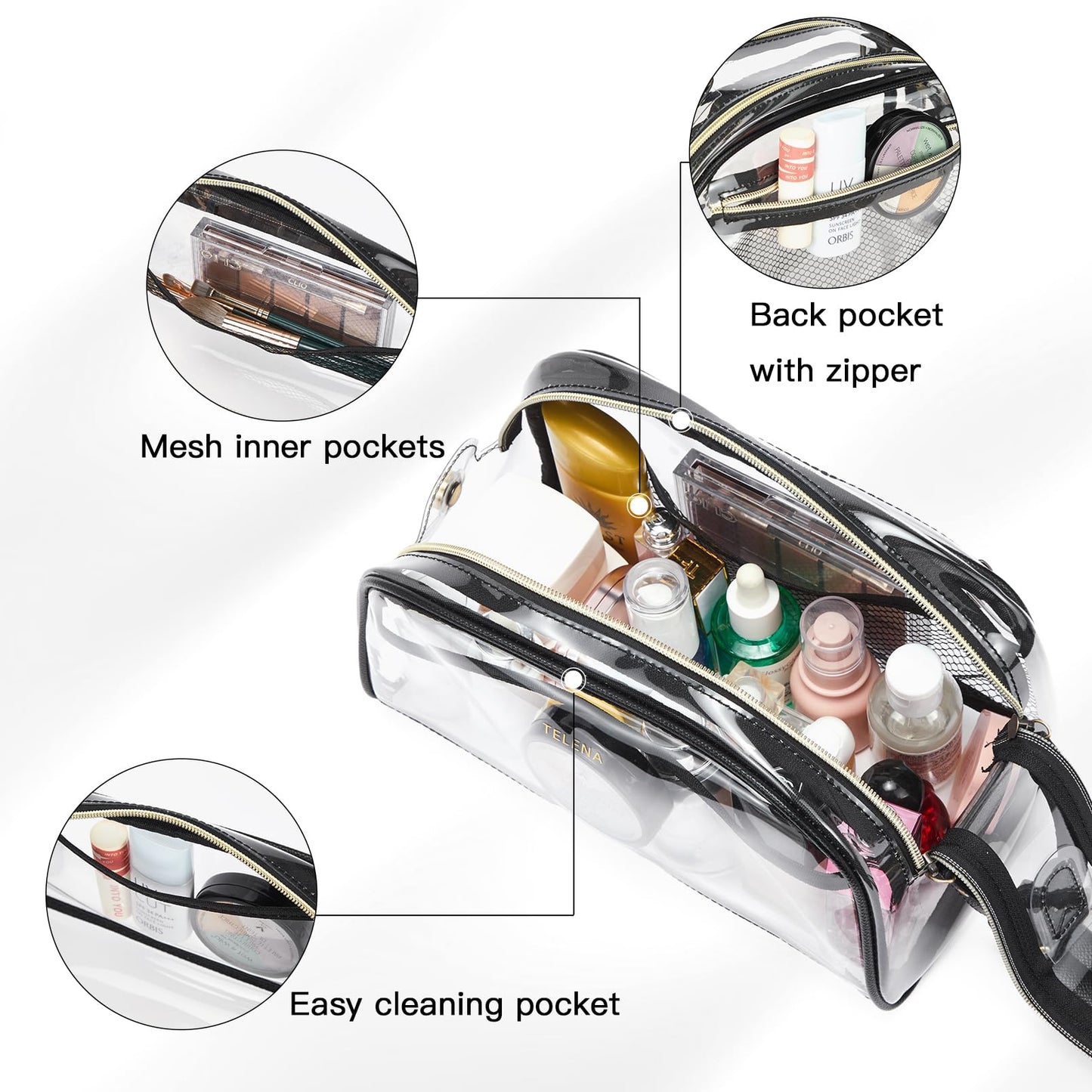 Telena Clear Toiletry Travel Cosmetic Bag - Makeup Organizer for Women Water Resistant Make Up Toiletries Bags Kit for Traveling