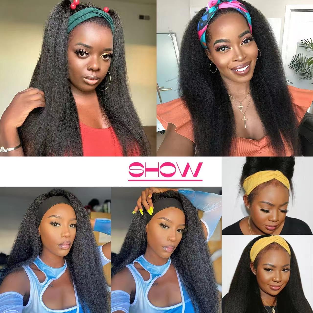 ME-U Headband Wig Human Hair Kinky Straight Guleless Wigs for Black Women Wear and Go 180% Density Yaki Straight Wig No Lace Natural Black Color 24 Inch