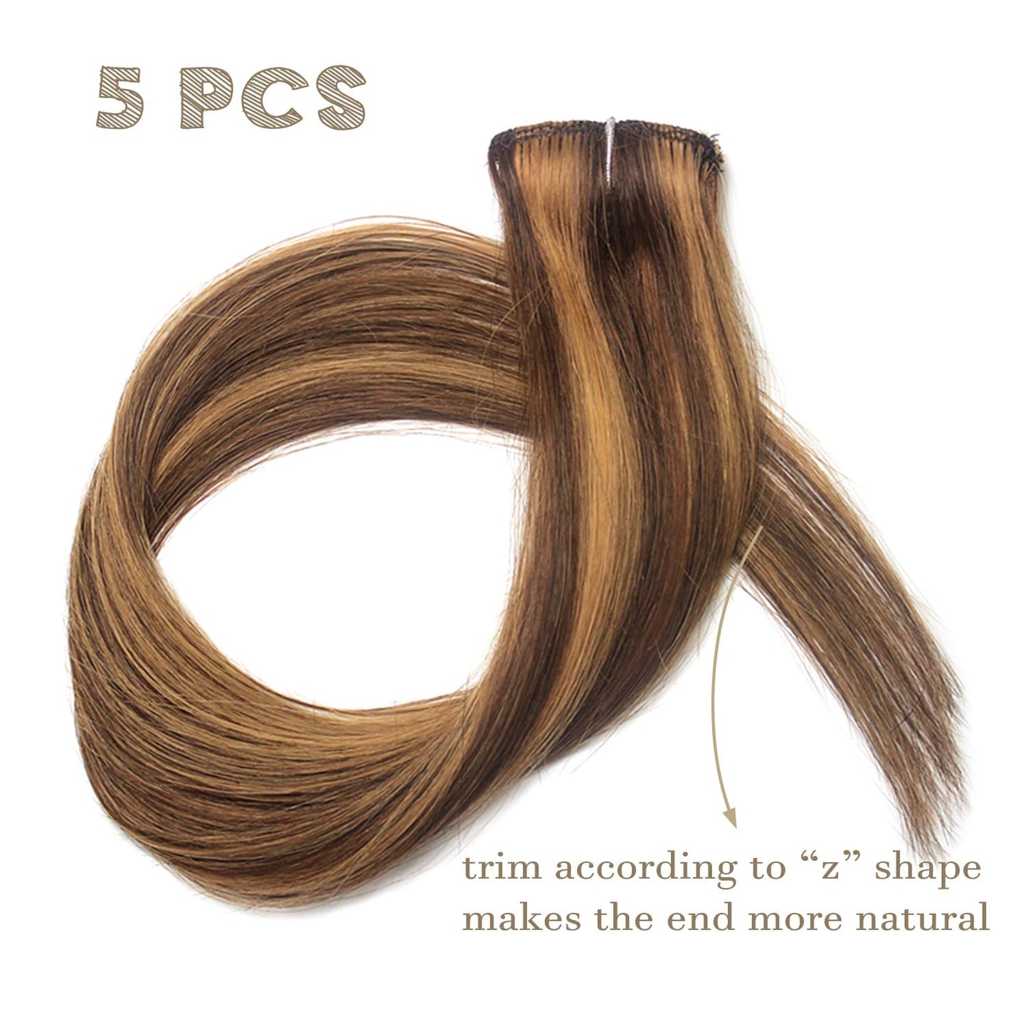 5PCS Clip In Hair Extensions Human Hair Chocolate Brown Mixed Caramel Blonde Balayage Remy Hair 18Inch #4p27