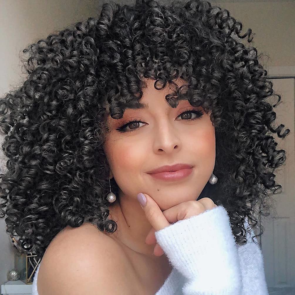 maxknow Curly Wigs for Black Women Fluffy Curly Afro Wig for Women Soft Synthetic Curly Black Wig with Bangs Full Wigs for Women Daily Use (1B Natural Black)