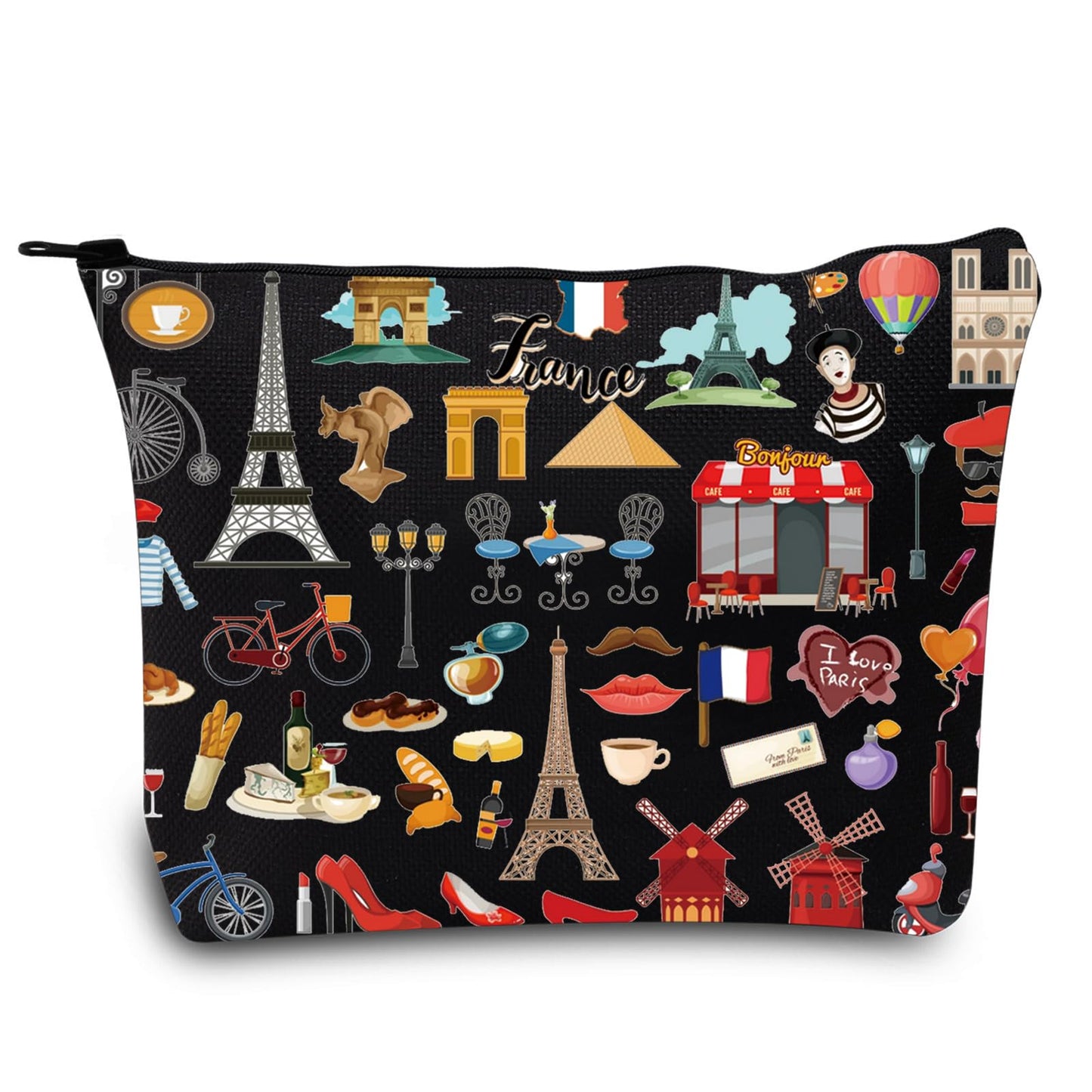 LEVLO France Travel Culture Gift French Theme Travel Pouch Bag Paris Landmarks Gift French Souvenir Gift (France Black)