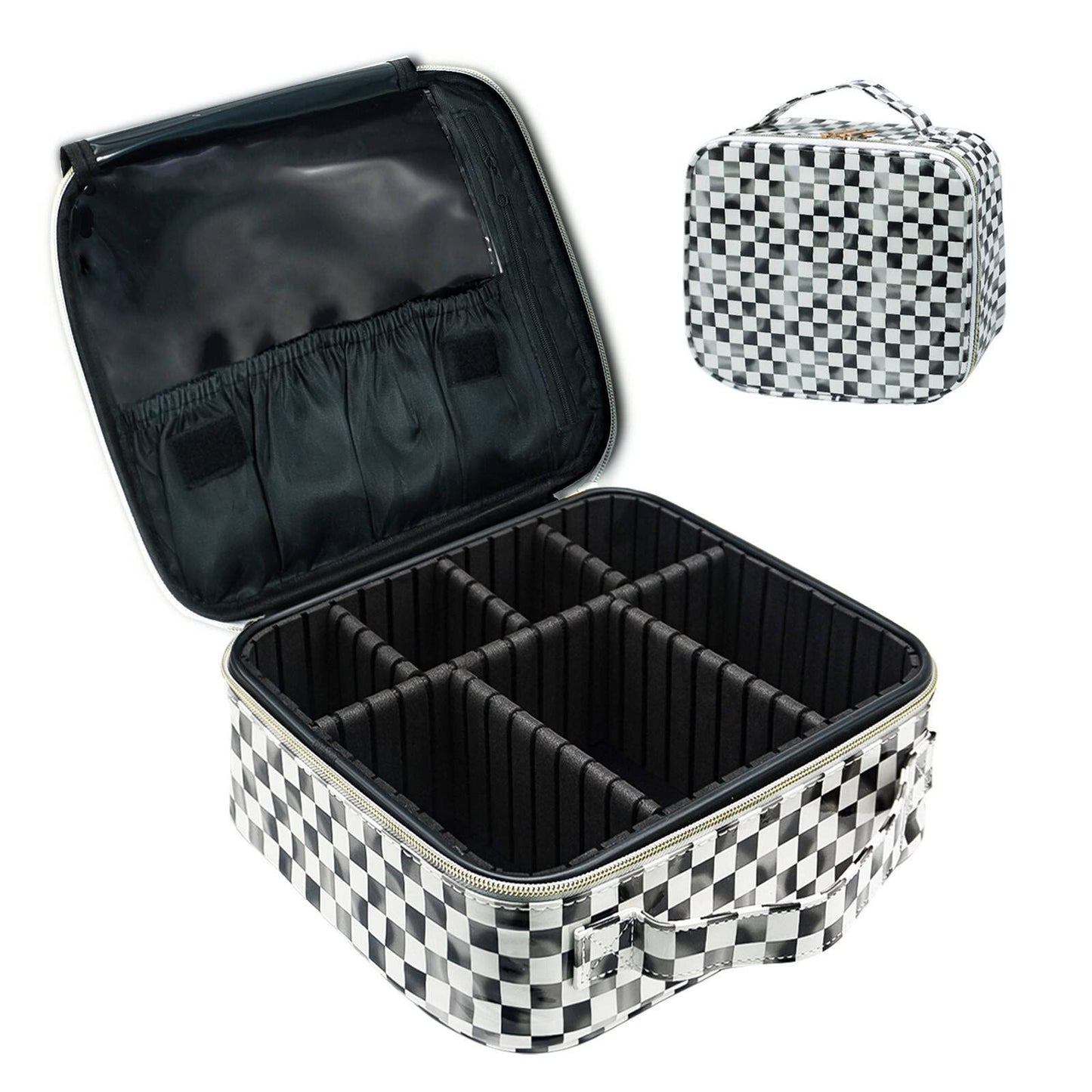 Anbaagsky PU Leather Cosmetic Bag Organizer Waterproof White and Black Checkered Makeup Bag with Adjustable Dividers Travel Makeup Bags for Women Portable Travel Case and Durable