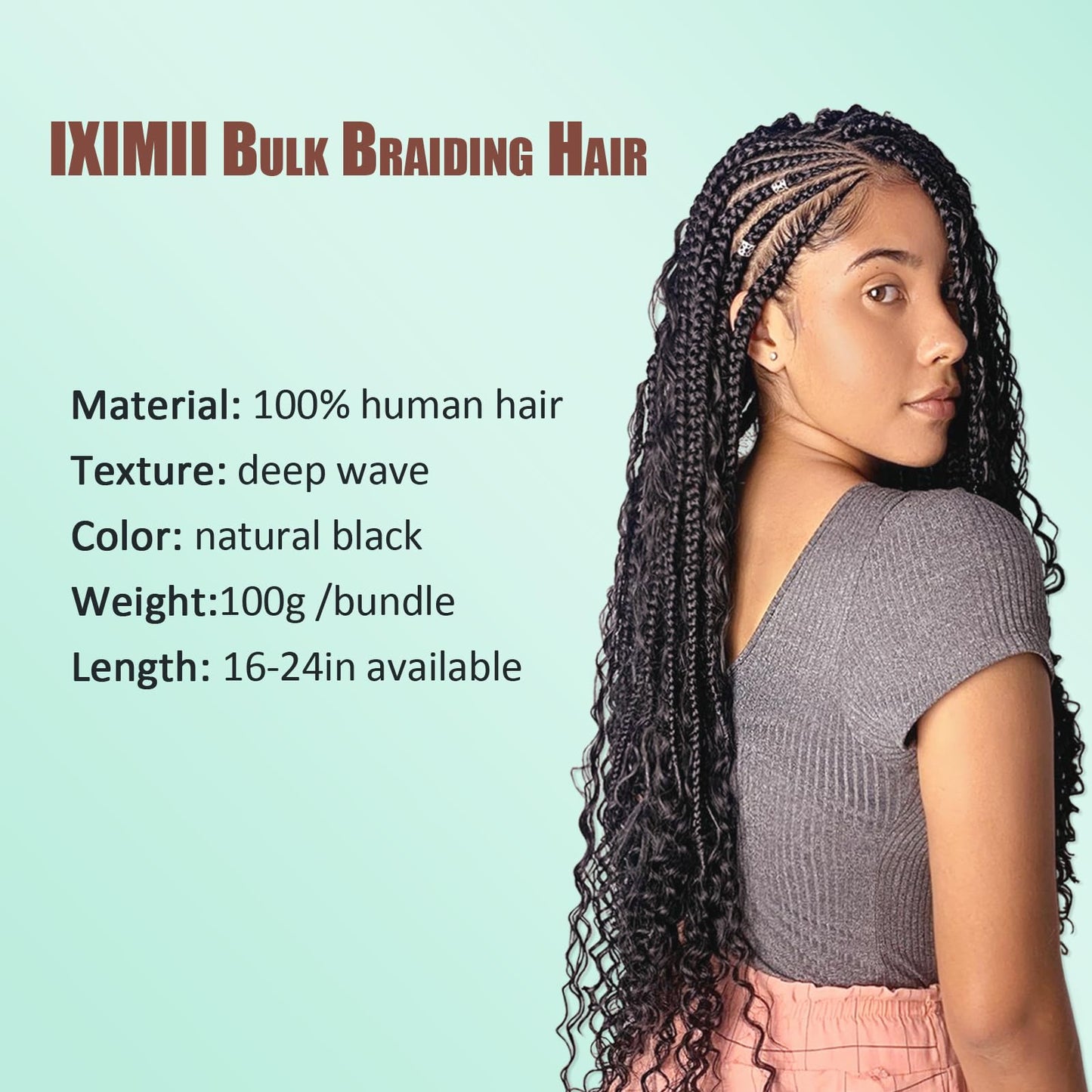 IXIMII Deep Wave Human Hair Bulk for Braiding 22 inch 3.5oz(100g) 100% Human Hair Bundles Natural Black No Weft Curly Hair Extensions for Boho Braids