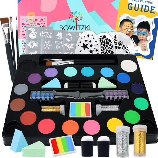 Bowitzki Face Paint kit-18 Colors, Split Cake Face Paint, Hair Chalks, Brushes, Sponges, Glitters, Gems, Reusable Stencils,Professional Non-Toxic Halloween Party Makeup Body & face Painting