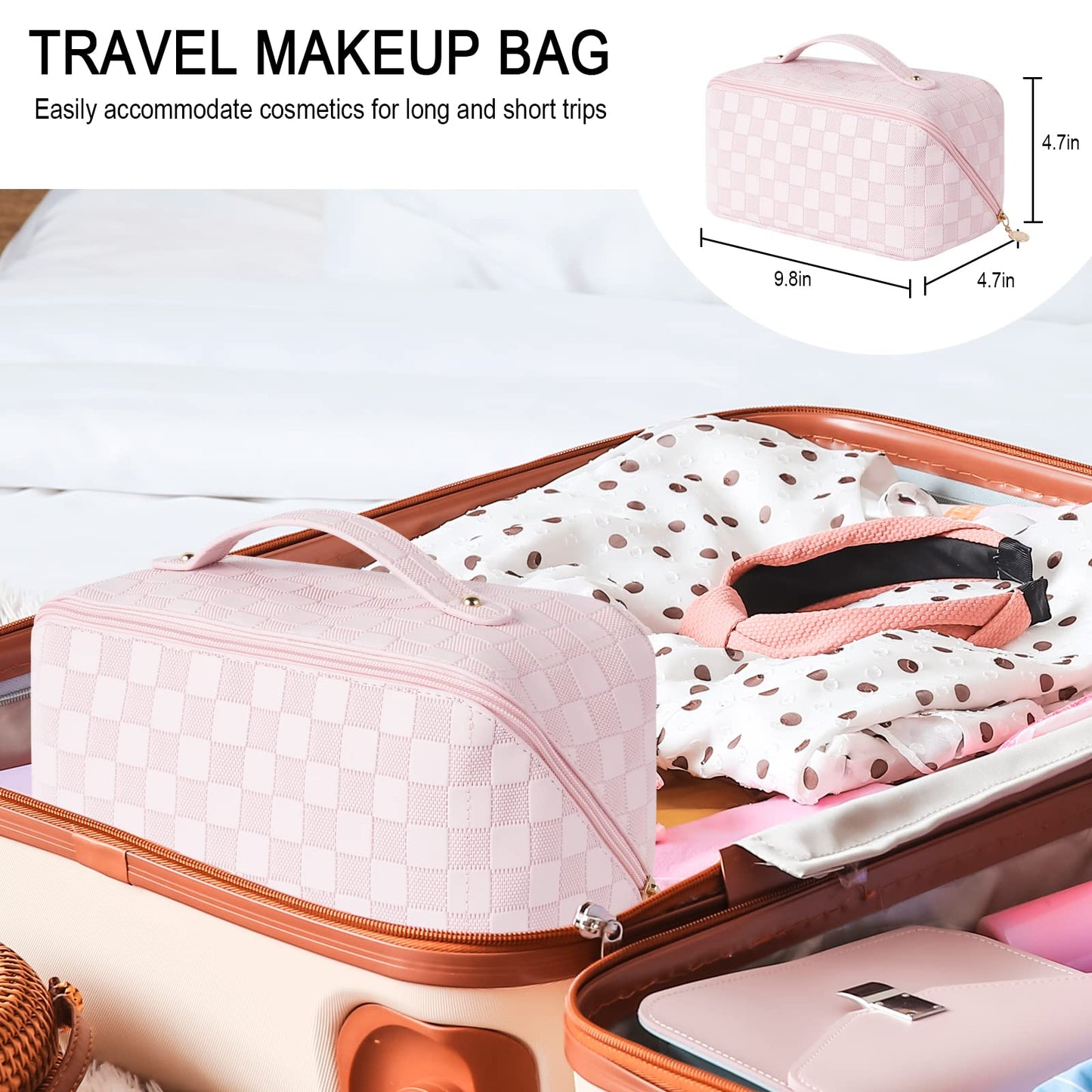 iRealy Open Flat Makeup Bag Travel Cosmetic Bag, PU Leather Checkered Cosmetic Organizer, Waterproof Makeup Toiletry Travel Bag Large Zipper Pouch for Womens Girls, Pink