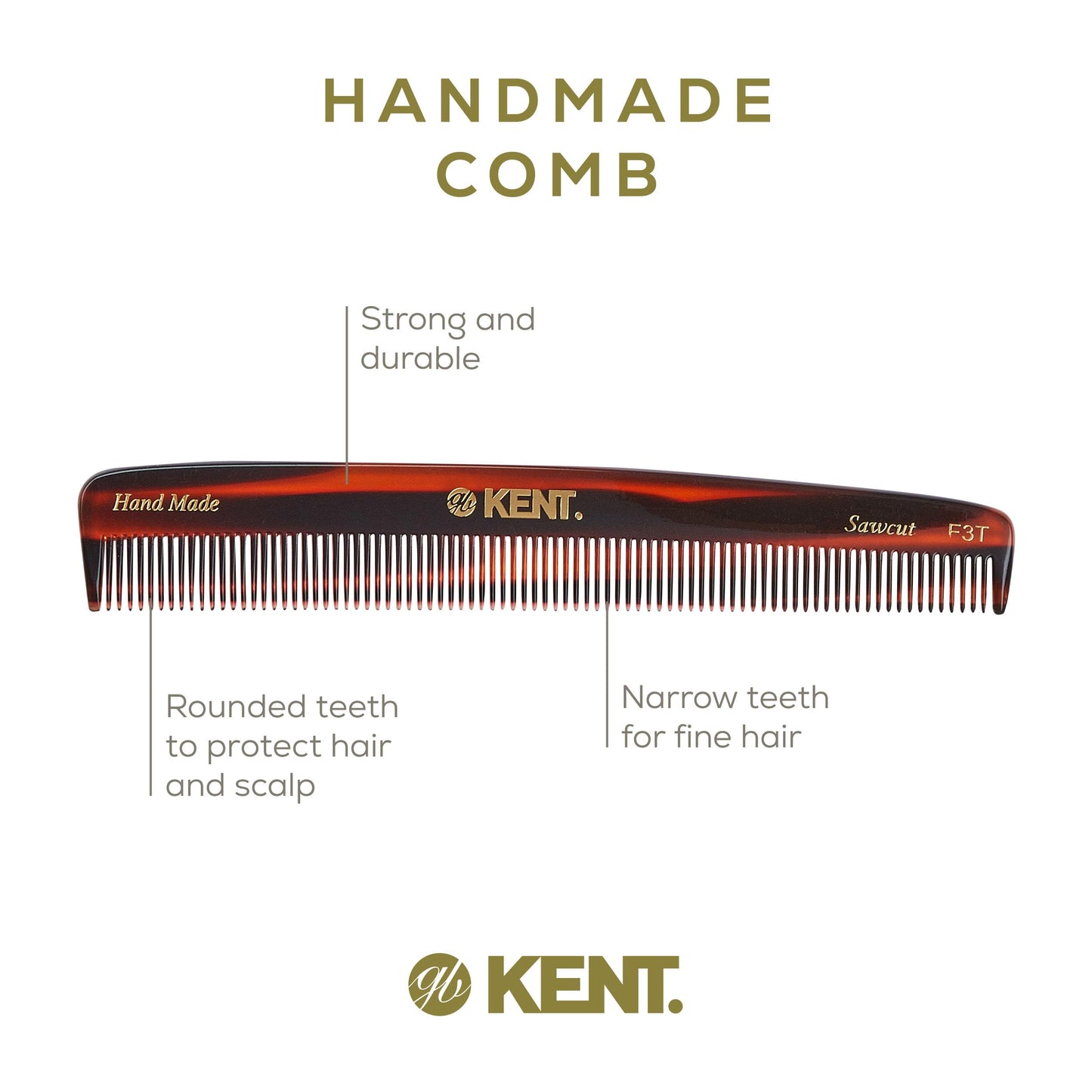 Kent F3T Handmade Dressing Table Comb for Men and Women, All Fine Tooth Hair Comb Straightener for Everyday Grooming Styling Hair, Beard and Mustache, Saw Cut and Hand Polished, Made in England