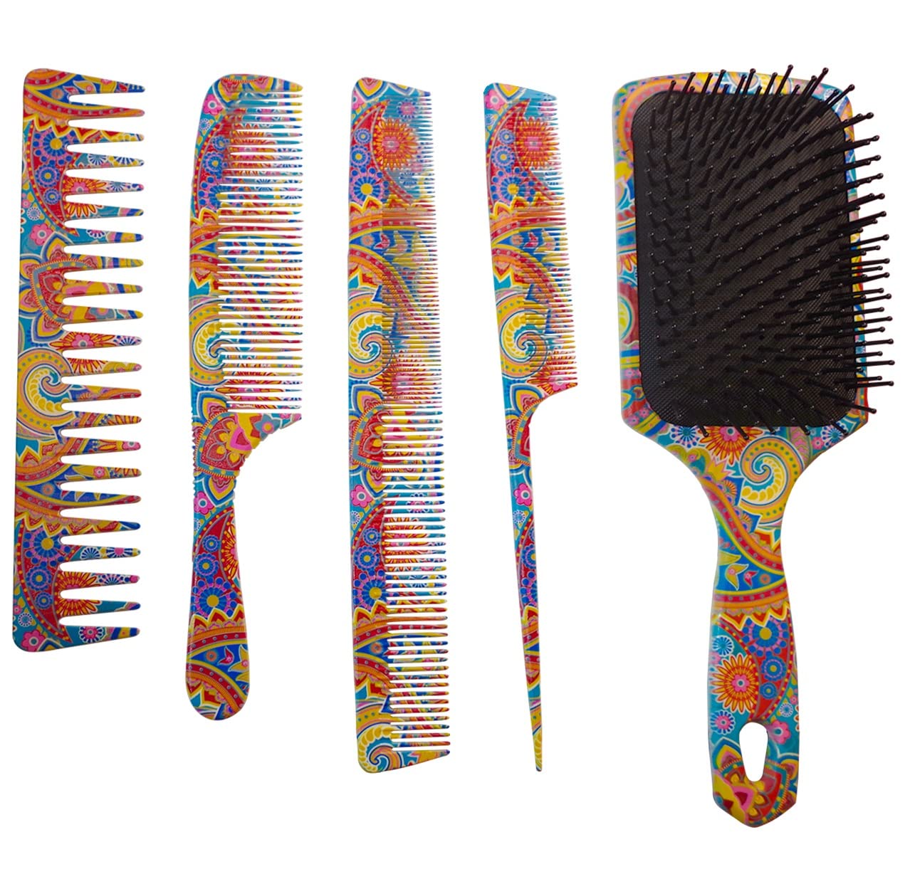 The Oriental Hair Brush and Comb Set by BeaverStrong - Far East All Purpose Large Paddle Brush and Combs Kit for Men and Women (5-Pack)