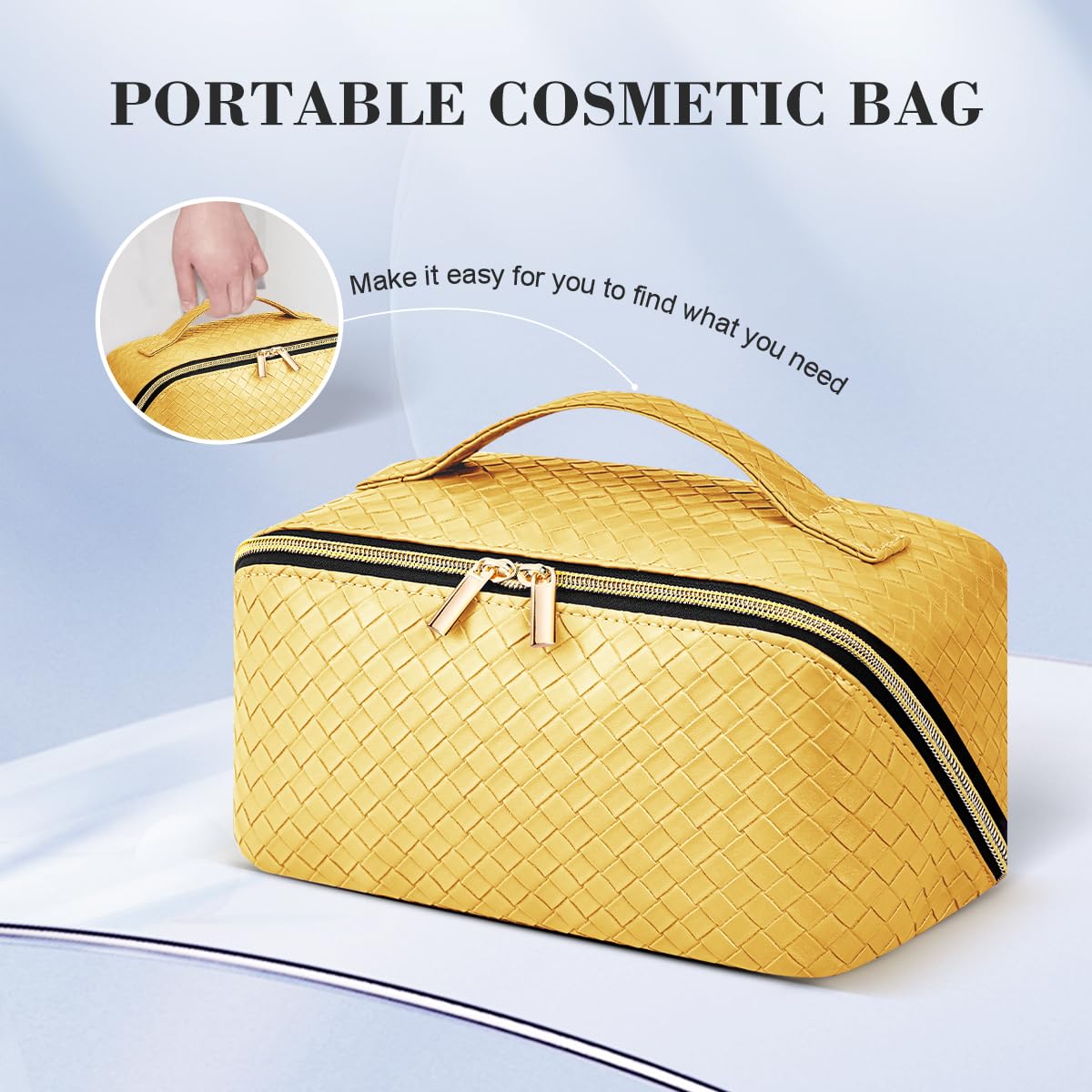 DTBG Travel Makeup Bag: Large Capacity Cosmetic Bag for Women, Portable PU Leather Waterproof Stuff Bag With Handle and Divider Flat Lay Makeup Pouch Toiletry Bag Birthday Gift for Women - Yellow