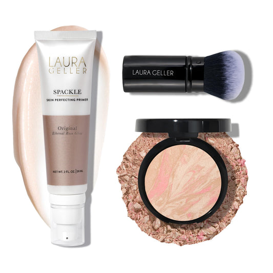 LAURA GELLER NEW YORK Baked Balance-n-Brighten Powder Foundation - Porcelain + Spackle Super-Size Skin Perfecting Makeup Primer - Ethereal Rose Glow + Retractable Airbrush Kabuki Brush