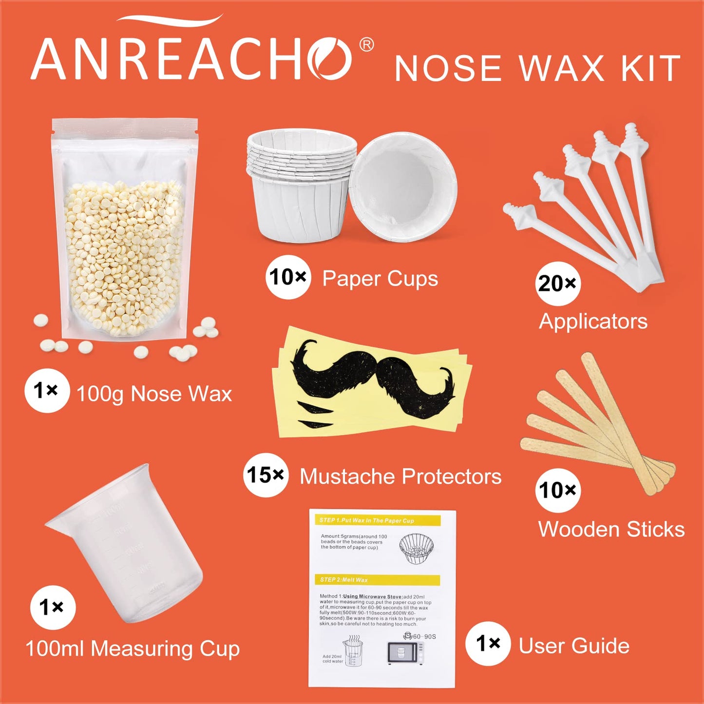 Nose Wax Kit for Men and Women, ANREACHO Nose Hair Waxing Kit for Men, 100g Nose Hair Wax with 20 Applicators 10 sticks, Ear Hair Removal for Men at Home Safe Easy Quick & Painless (15-20 Times Usage)