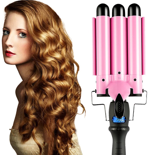 Professional Hair Waver 3 Barrel Curling Iron 32mm Fast Heating Hair Crimper Iron Triple Hair Curler with LCD Display Temperature Adjustable Ceramic Beach Hair Waver Wand for Beachy (1.26Inch (32mm))