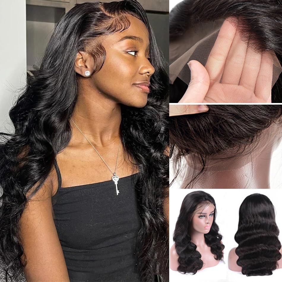 Body Wave 13x6 Lace Front Wigs Human Hair for Women Bleached Knots HD Lace Frontal Wigs Pre Plucked with Baby Hair 18Inch #1B Natural Black 150% Density Transparent Lace Front Curly Virgin Hair Wigs