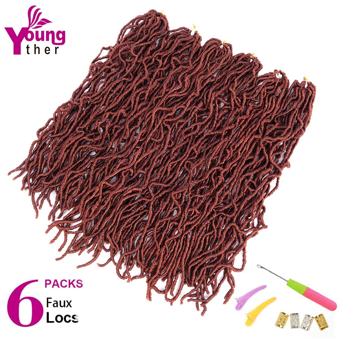 Youngther 18 inch New Faux Locs Crochet Hair Curly Wavy 6 Packs Crochet Faux Locs Hair Synthetic Crochet Hair for Black Women (18inch #350）