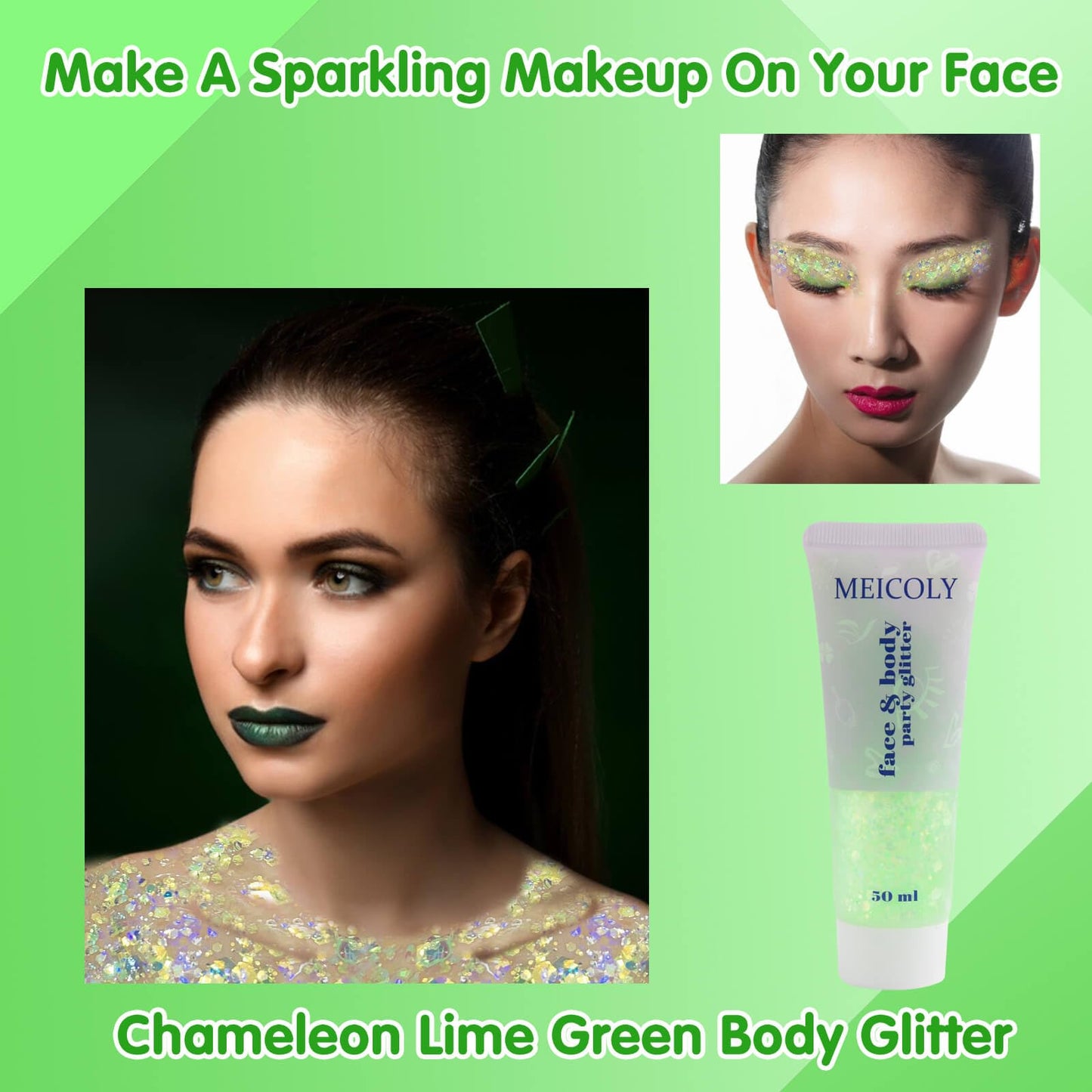 MEICOLY Chameleon Lime Green Body Glitter,Chunky Face Glitter Paint,Color Changing Mermaid Face Glitter Gel,Holographic Glitter Sequin for Face Body Hair,Festival Party Cheer Glitter Makeup,50ml