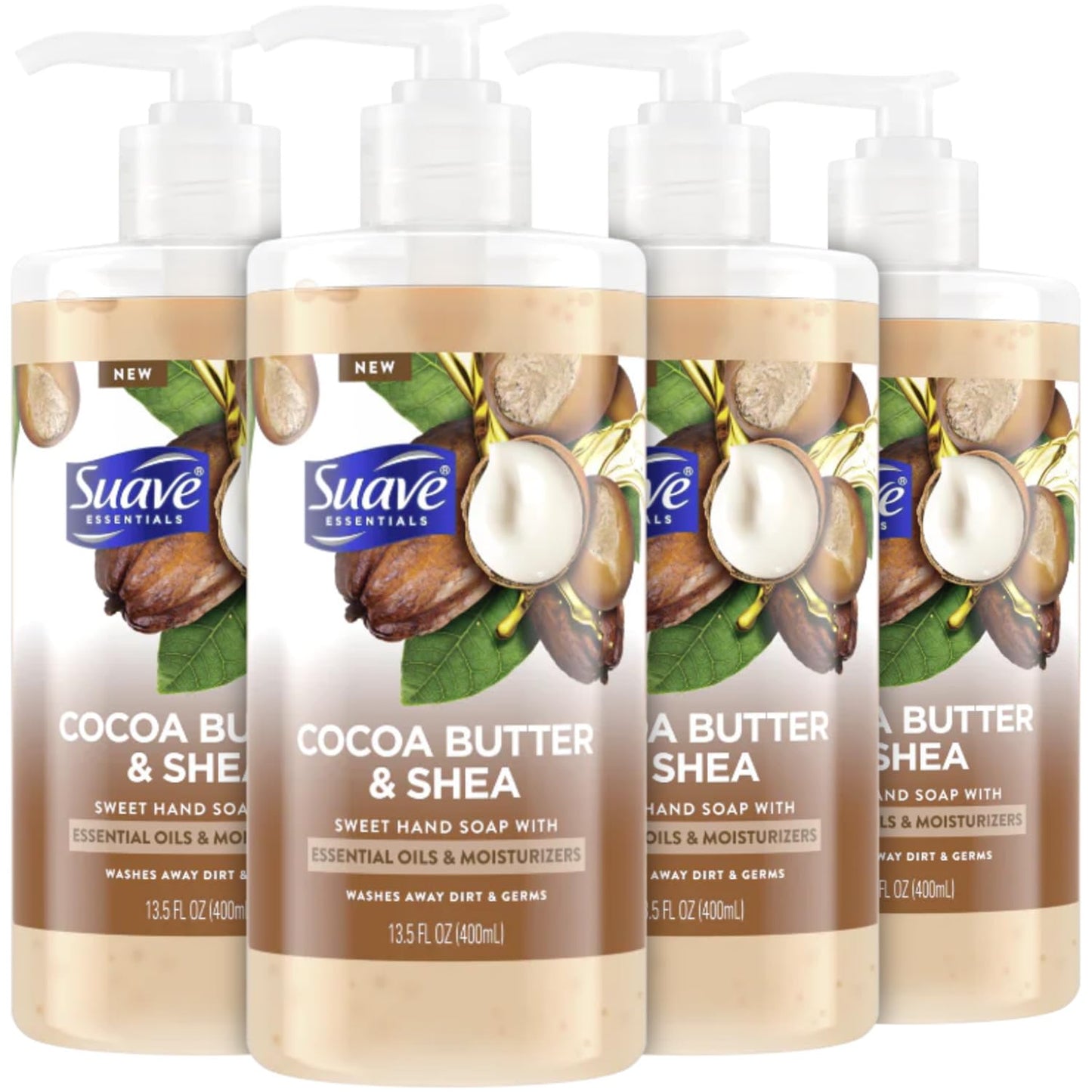 Suave Hand Soap, Cocoa Butter & Shea 4-Pack – Sweet Hand Wash with Essential Oils & Moisturizers, 13.5 Oz Ea