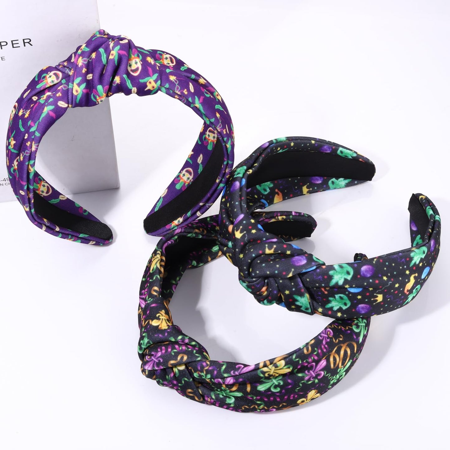 JERTOCLE Mardi Gras Headband for Women Carnival Mask Fleur De Lis Crown Printed Knotted Headband Fat Tuesday Hair Accessories Holiday Gifts (Mardi Gras C)