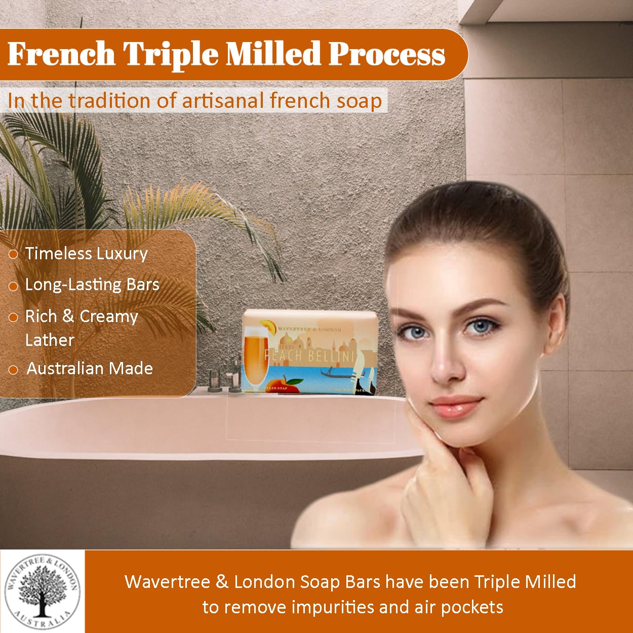 Wavertree & London Peach Bellini Scented Natural Soap (2 Bars), 7oz Moisturizing French Triple Milled Soap Bars enriched with shea butter - Pure Plant Oil Bath & Body Soap for All Skin Types