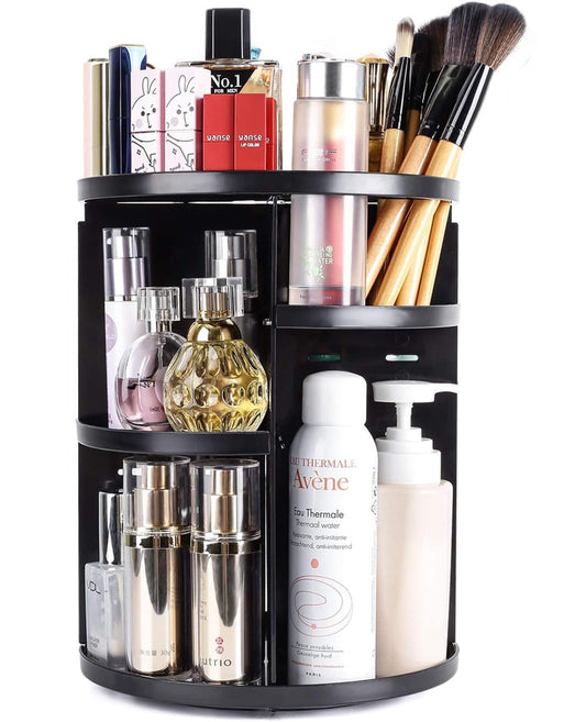 360 Rotating Makeup Organizer,DIY Adjustable Spinning Holder,Foldable Cosmetic Storage Display Cases,Large Capacity Make up Caddy Shelf,Fits Countertop Vanity and Bathroom,Black