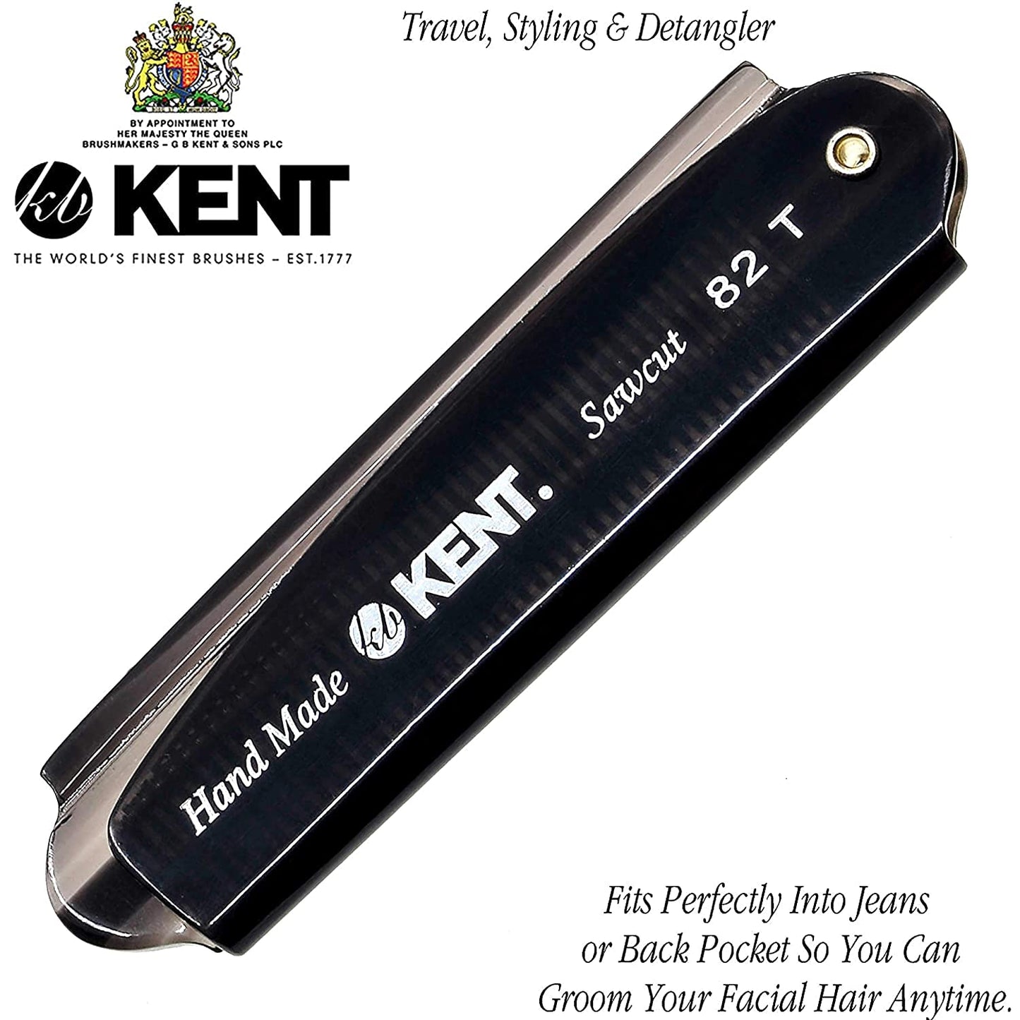 Kent 82T Handmade Folding Pocket Comb for Men, Fine Tooth Hair Comb Straightener for Everyday Grooming Styling Hair, Beard or Mustache, Use Dry or with Balms, Saw Cut Hand Polished, Made in England