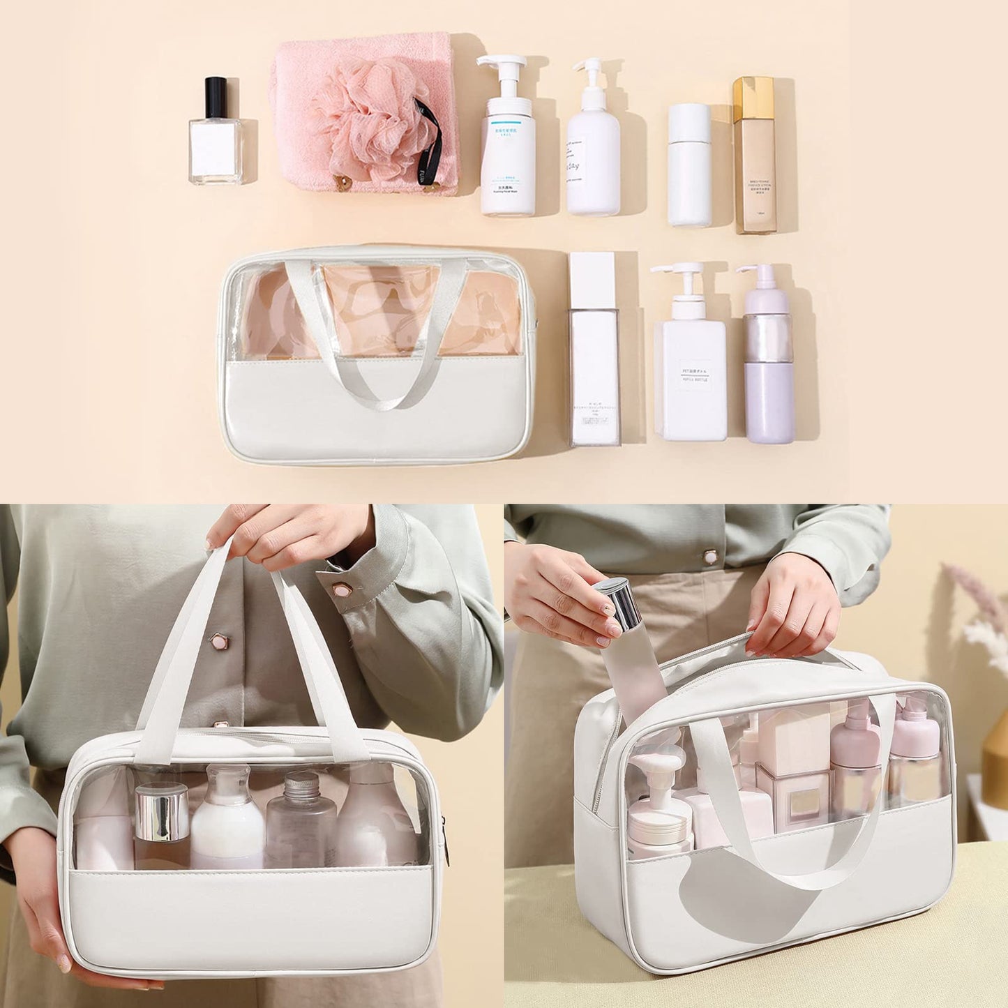 Surblue Toiletry Bag for Women Clear Cosmetics Bag Hanging Toiletry Bag for Men Waterproof Makeup Bags for Traveling Transparent Travel Organizer 3Pcs,White