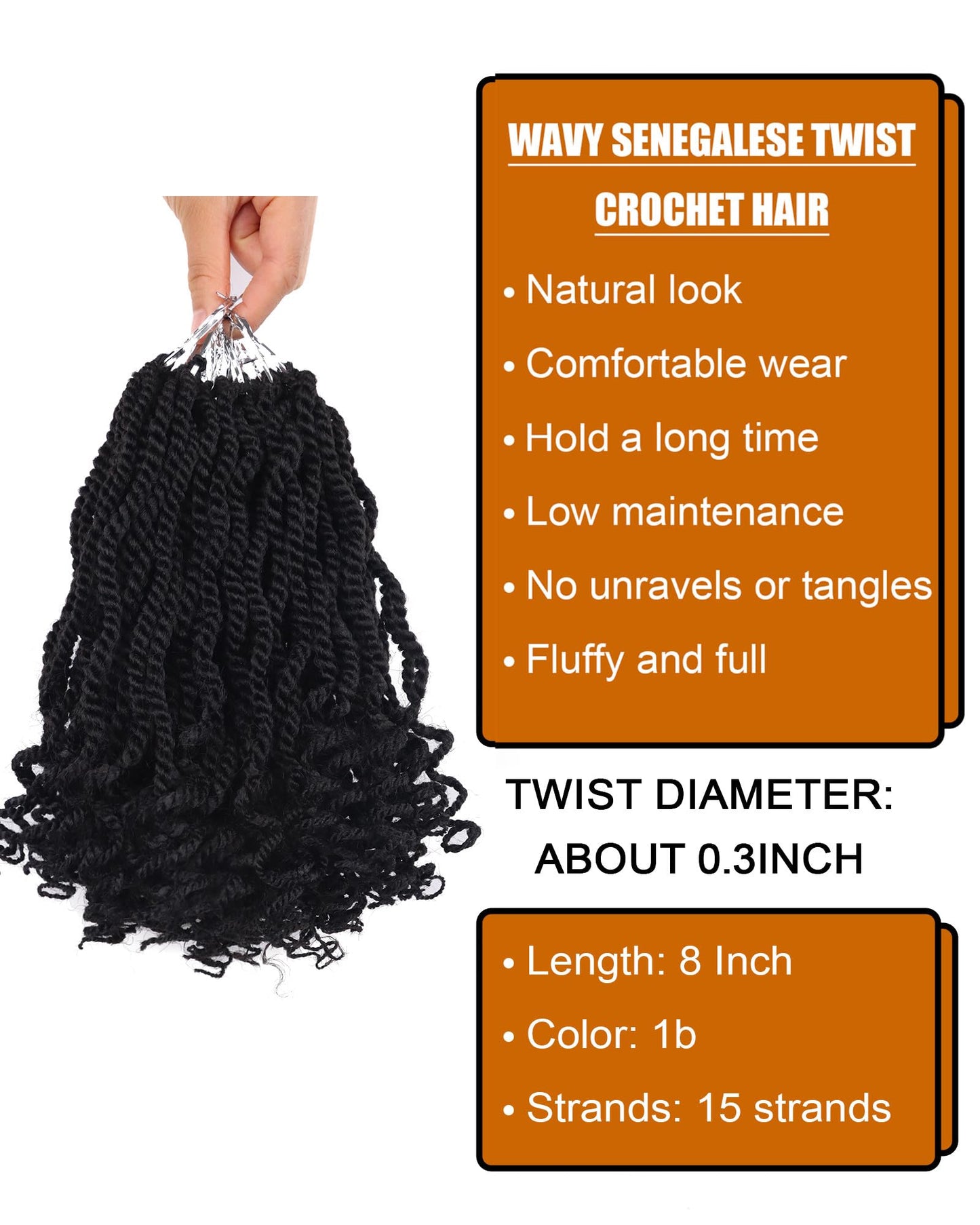 Senegalese Twist Crochet Hair 8 Inch Pre Looped Curly Ends 2 Packs Wavy Crochet Hair for Kids Short Crochet Braids with Curly Ends (8 Inch,1B)