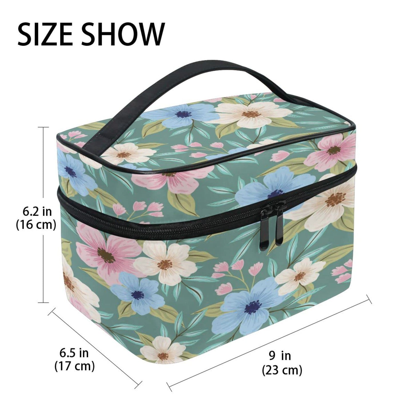 ZOEO Makeup Train Case Elegant Floral Tropical Green Light Summer Gold Korean Carrying Portable Zip Travel Cosmetic Brush Bag Organizer Large for Girls Women