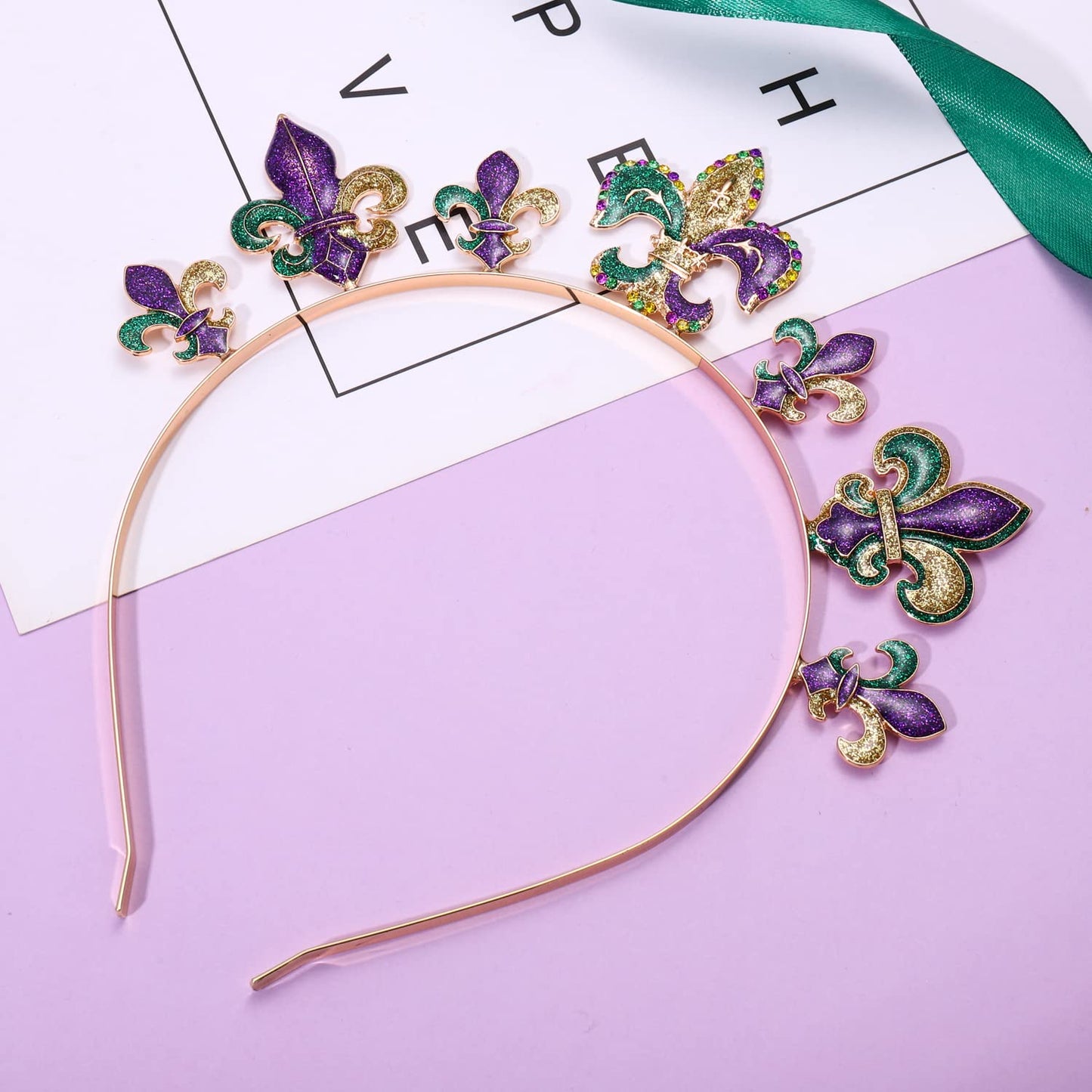 HEIDKRUEGER Mardi Gras Headbands Glitter Carnival Fleur De Lis Hairband for Holiday Party Hair Hoop Accessories