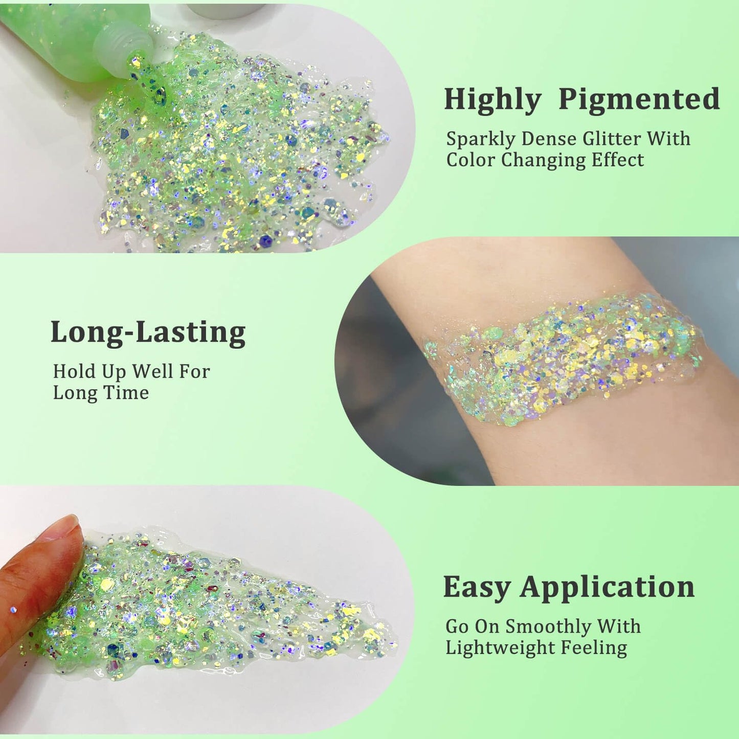 MEICOLY Chameleon Lime Green Body Glitter,Chunky Face Glitter Paint,Color Changing Mermaid Face Glitter Gel,Holographic Glitter Sequin for Face Body Hair,Festival Party Cheer Glitter Makeup,50ml